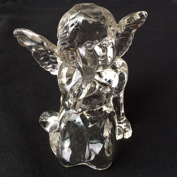 Crystal Glass Sitting Angel Cherub Dinner Taper Candle Holder Vintage Decor - Picture 1 of 12